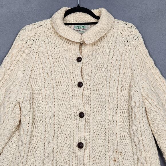 Vintage Barnas Mor Cardigan Sweater Womens XL Ivory Wool Irish Aran Cable 80s - Picture 5 of 10